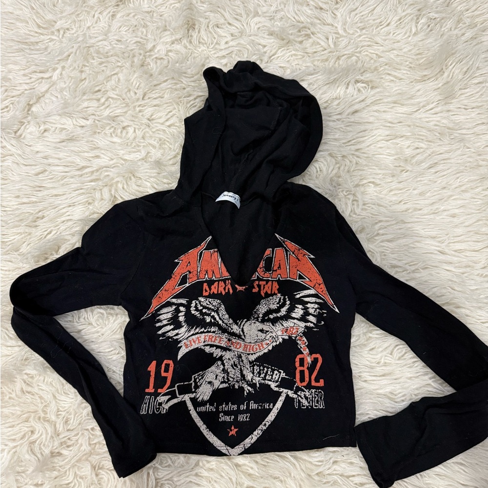 January 7 Black and Red Graphic Hoodie Top